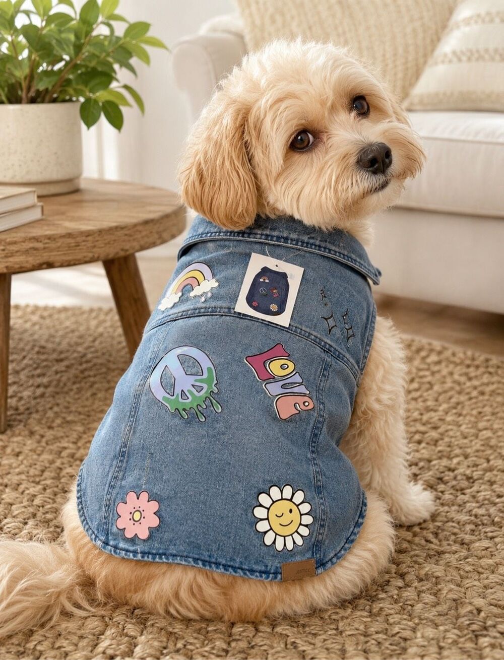 Justice Distress Denim Jacket For Pets W/Peace Sign, Love Decals Size S 13"